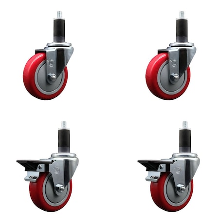 Service Caster 4'' Red Poly Wheel Swivel 1-1/4'' Expanding Stem Caster Set 2 Brakes, 4PK SCC-EX20S414-PPUB-RED-2-PLB-2-114